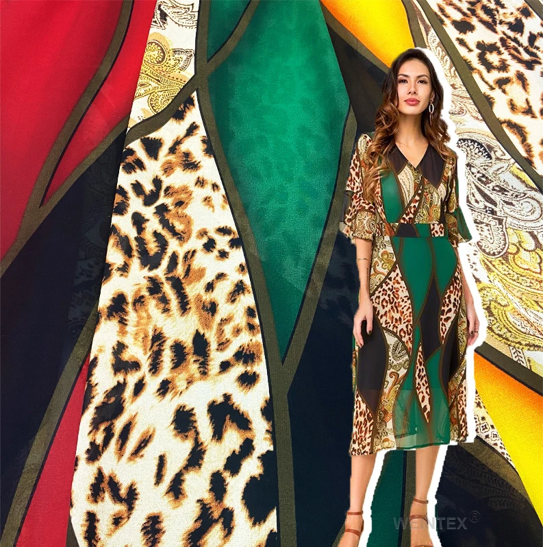 WI-A08 Hot sale leopard pattern 100% polyester georgette chiffon stock printing fabric for abaya