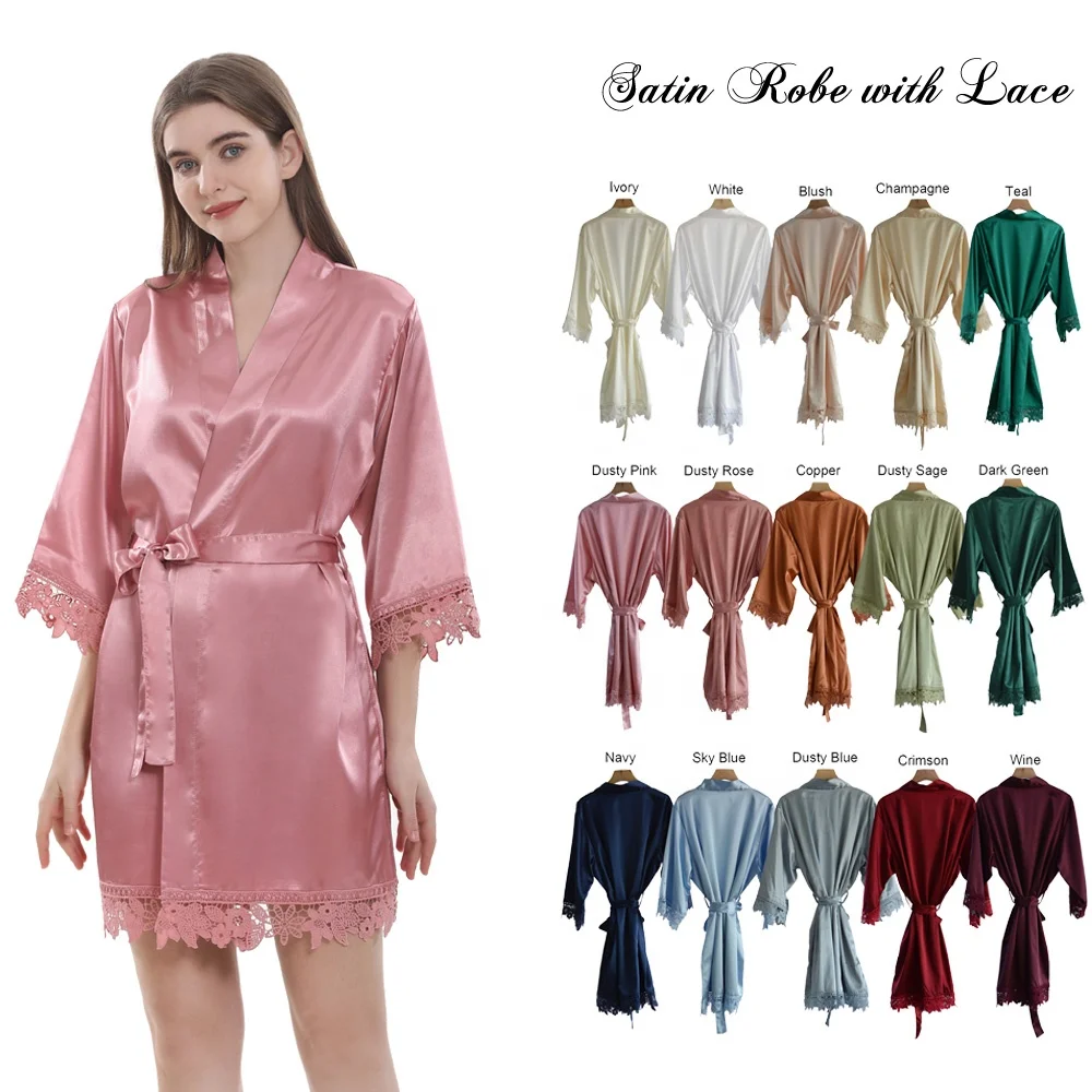 Custom Solid Color Bride Bridesmaid 3/4 Sleeves With Lace Silk Satin Kimono Women Robe
