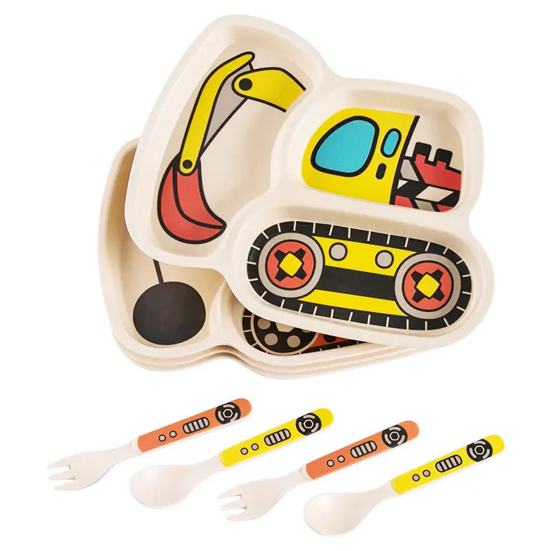Kids Divided Plates Cute Car Toddler Divided Plate with 3 Compartments Reusable Bamboo Fibre Children Plates Dishwasher Safe