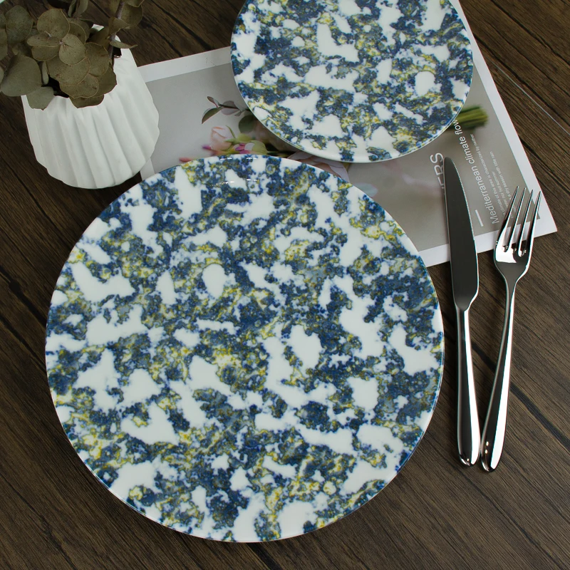 JQY Porcelain Round Dish Set Reactive Glaze Crockery Ceramic Colorful Dinner Plates Set Vintage Appetizer Salad Side Plates