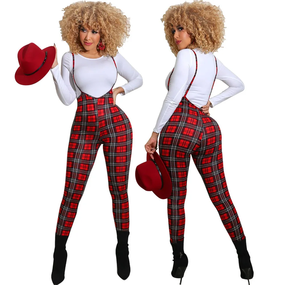 2021 Trendy Women Plaid Overalls Jumpsuits Cute Winter Club Wear Outfits