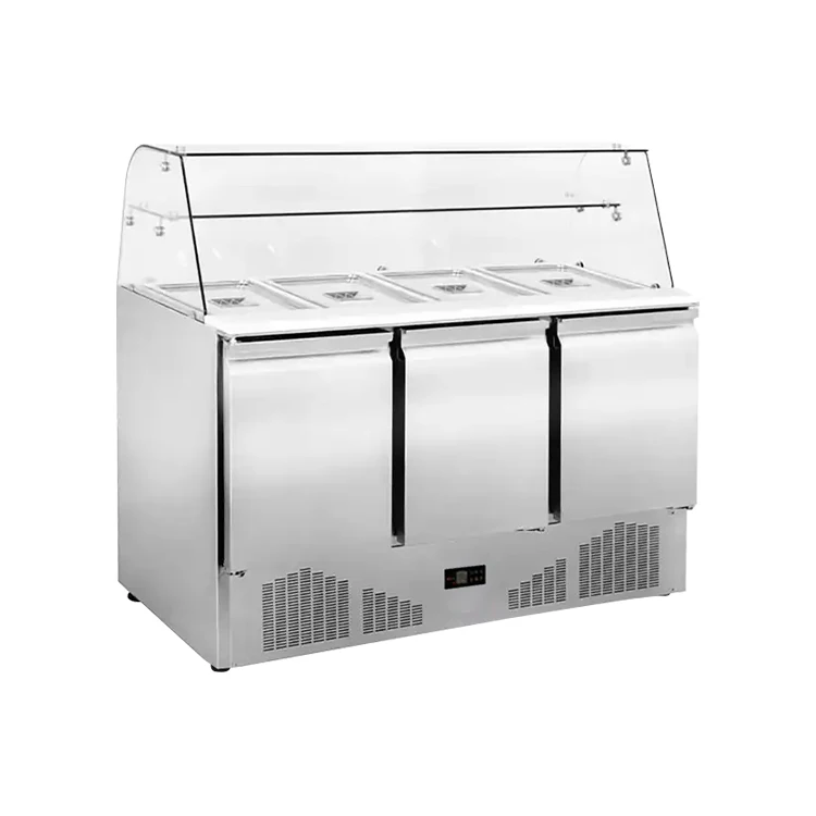 Industrial Pizza and Salad Workbench Cylinder Sandwich Prep Table Glass Cover Refrigerated Display Cabinet for Buffet
