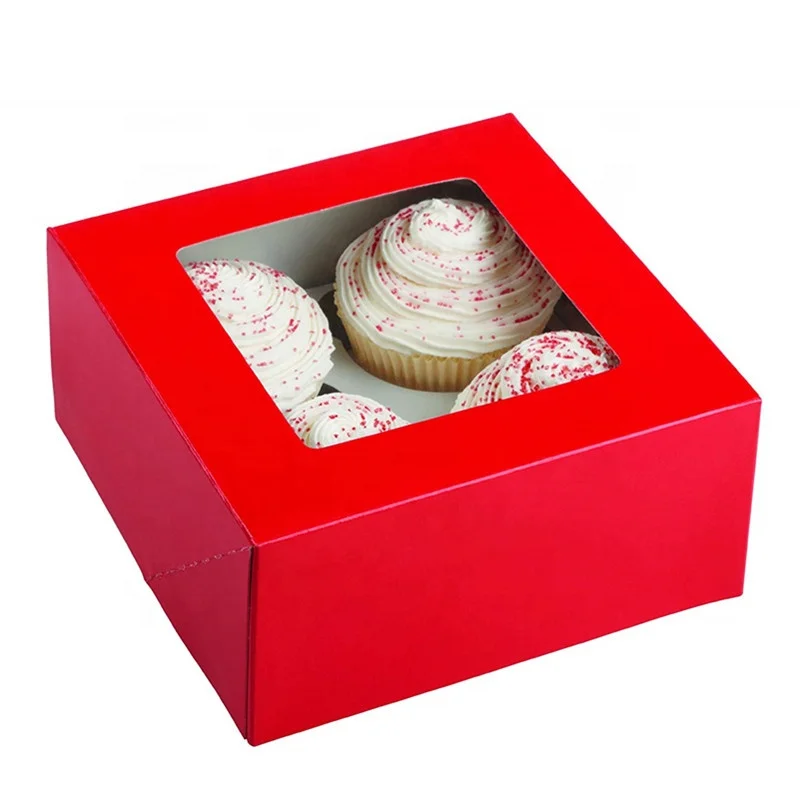 Nordic style color Custom logo printed PVC top window cardboard 4 panes cupcake boxes