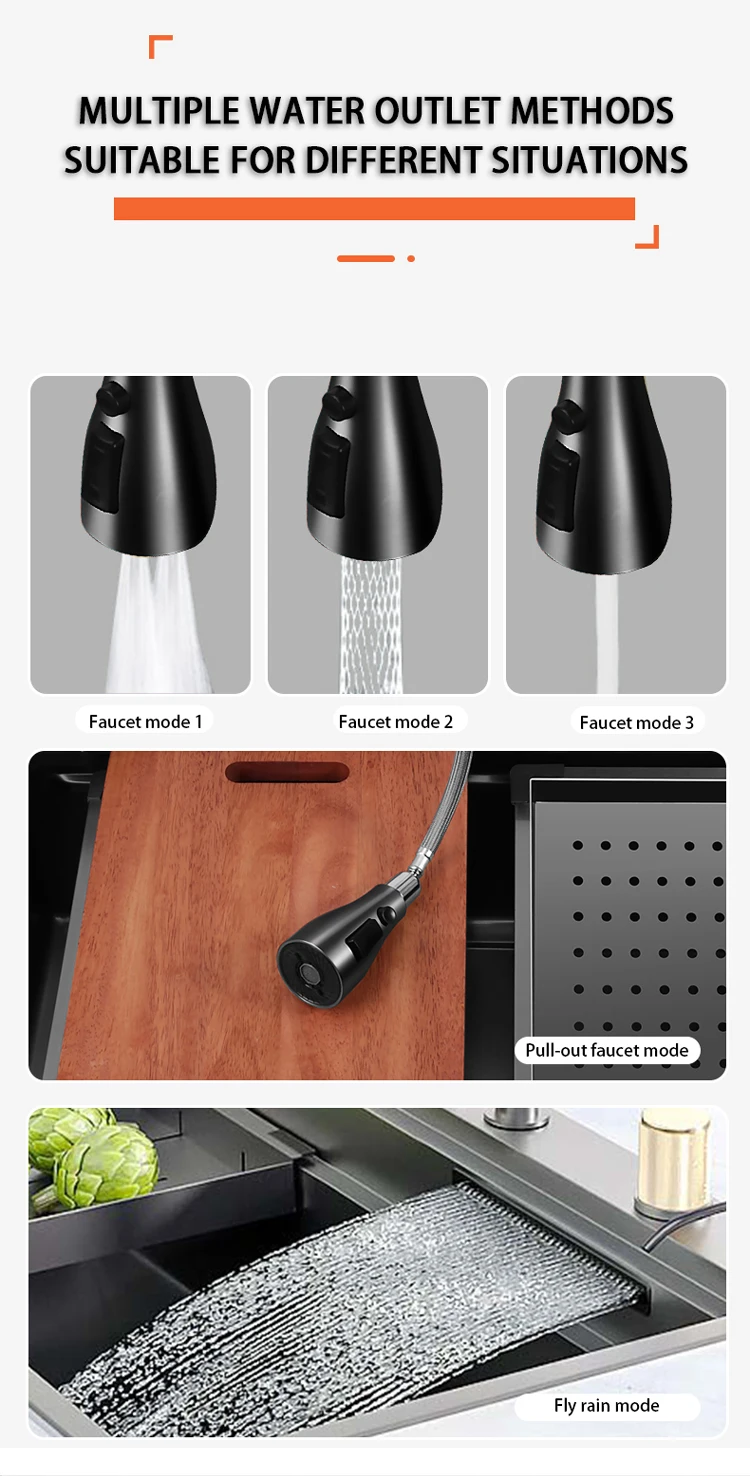 8652 Under Top Cubas De Pia De Cozinha Inox Stepped Single Bowl Black Sinks Knife Rack Nano Stainless Steel Handmade Kitchen Sin