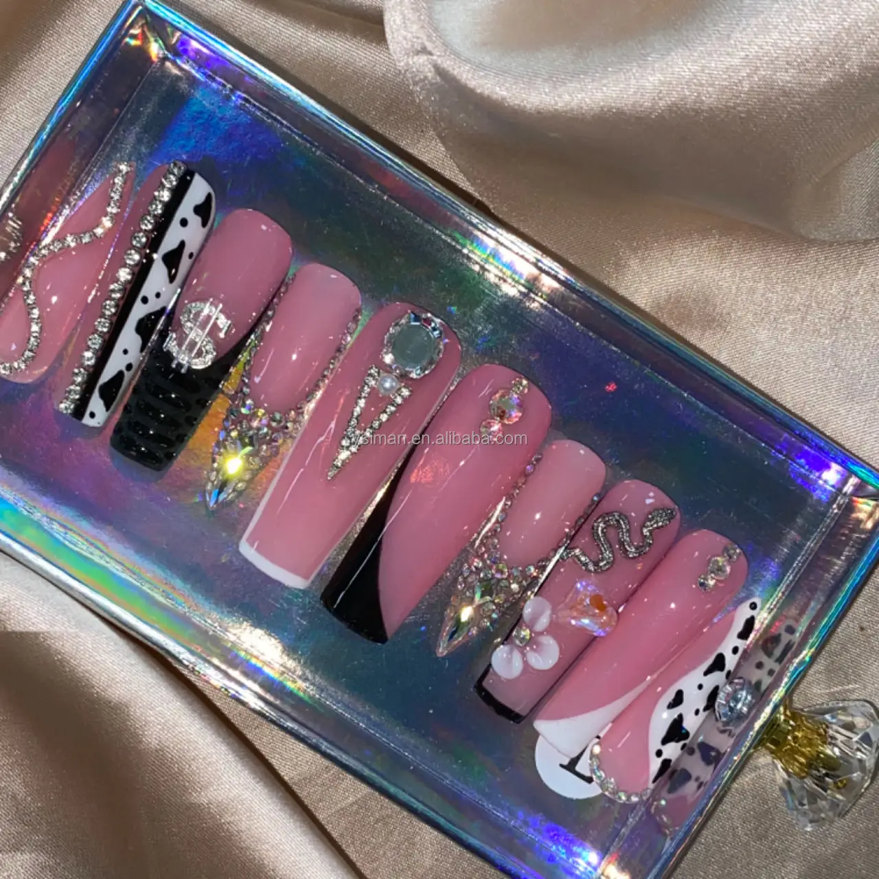 Luxury Bling Pink High Quality Bulk False 3d Acrylic Design Wholesale Custom Press On Nails With Rhinestones And Box