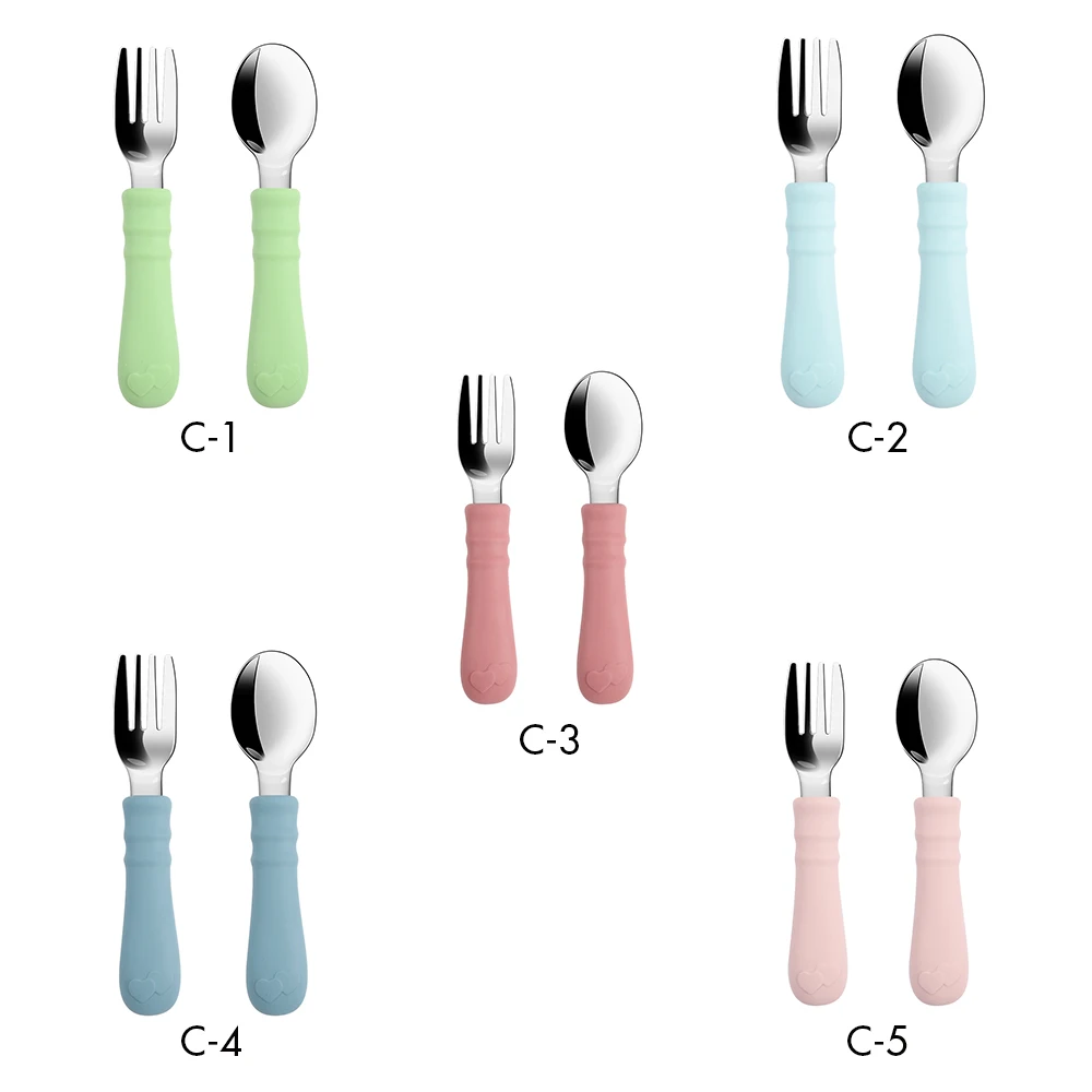 ES-Pro Custom Factory Food Grade Tableware Super Soft 304 Stainless Steel Baby Spoon and Fork Set with Silicone for Feeding