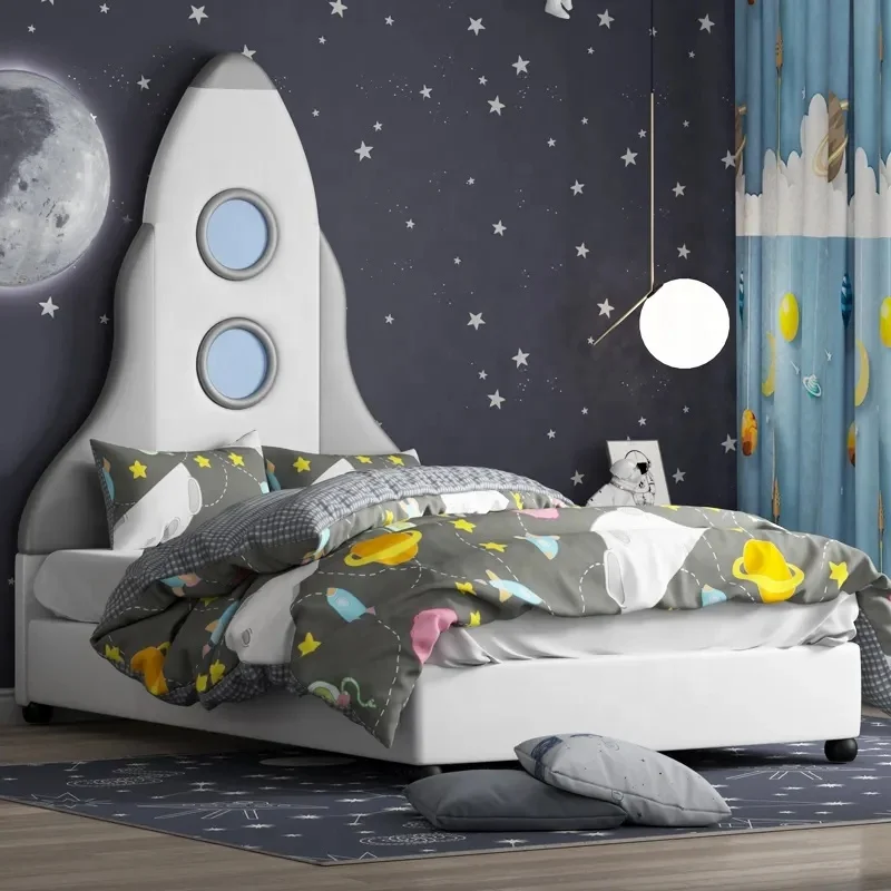 Q&N Grey Rocket Headboard Toddler Boys Storage Bed Upholstered Solid Wood Frame Kids Bedroom Set