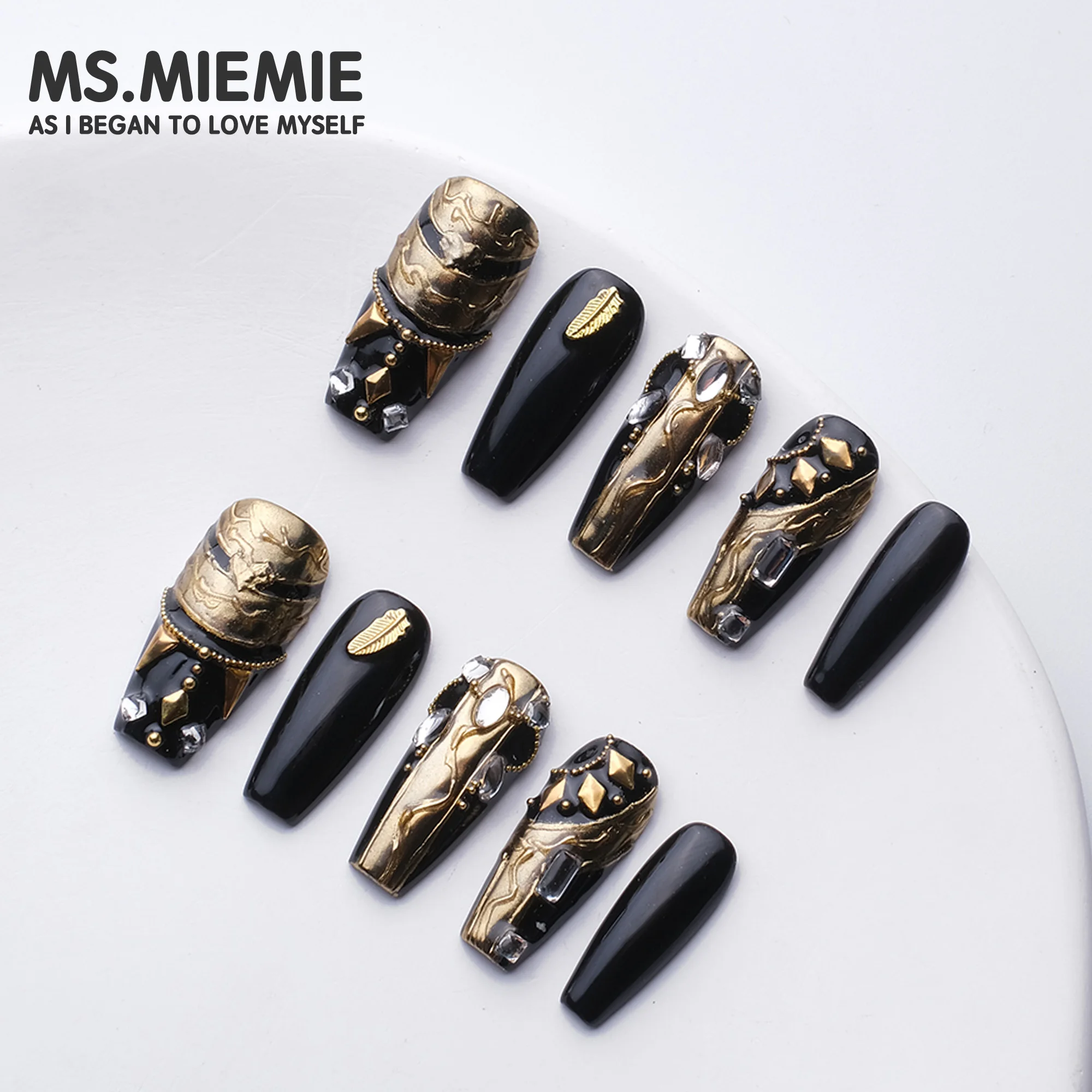 Ms.Miemie Designer Handmade 3D Embossed Rhinestone Adorned Artificial Coffin Press on Fingernails Long Reusable Wholesale