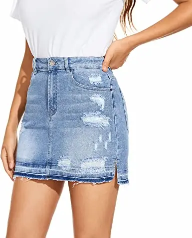 Denim Skirt Cheap Mini Sexy Jeans  Dresses Women Mid Waist  Lady Sexy Denim Short Skirt Raw Edge Split Jean Skirts for Women