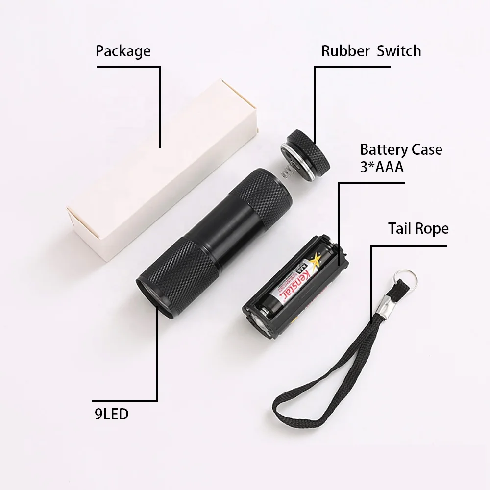 AAA Battery Powered Handheld UV Flashlight Black Light 395nm Mini Light Torch Detector 9LED UV Flash light for for Dog Pet