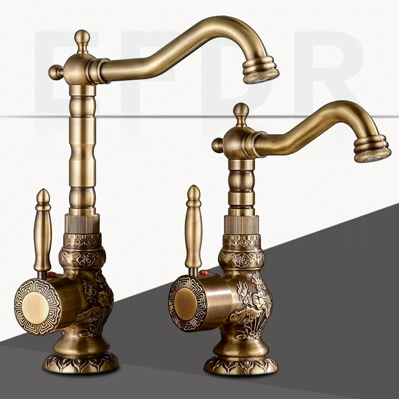 New European Style Antique Hot And Cold Water Rotatable Single Handle Copper Brass Golden Taps Mixer Bathroom Basin Faucets