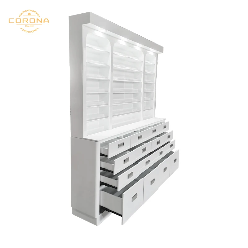 Custom Salon Furniture White Nail Polish Cabinet Display Rack With Drawers