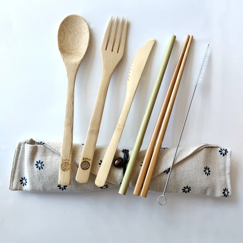 
6pcs Travel Bamboo Cutlery Set With Straw 