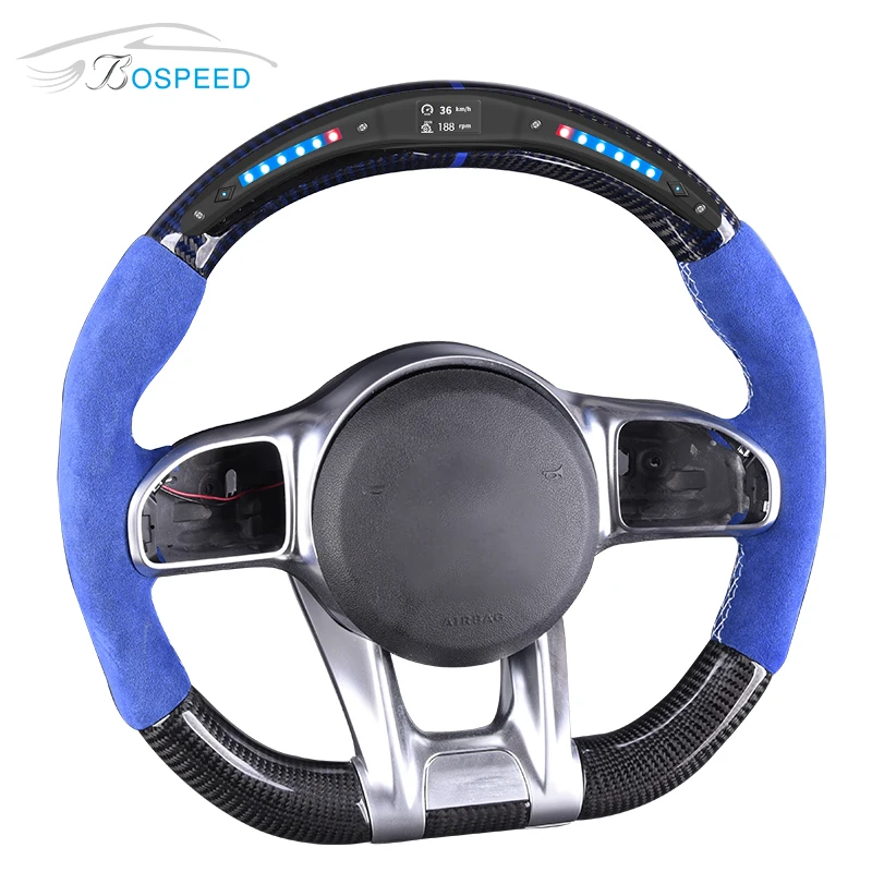 LED Black Carbon Fiber Steering Wheel for Mercedes Benz AMG with Blue Suede Leather C E S Class