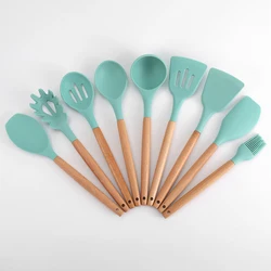 Custom Heat Resistant 9 Piece Set Silicone Kitchen Utensils Cookware Set With Wooden Handle