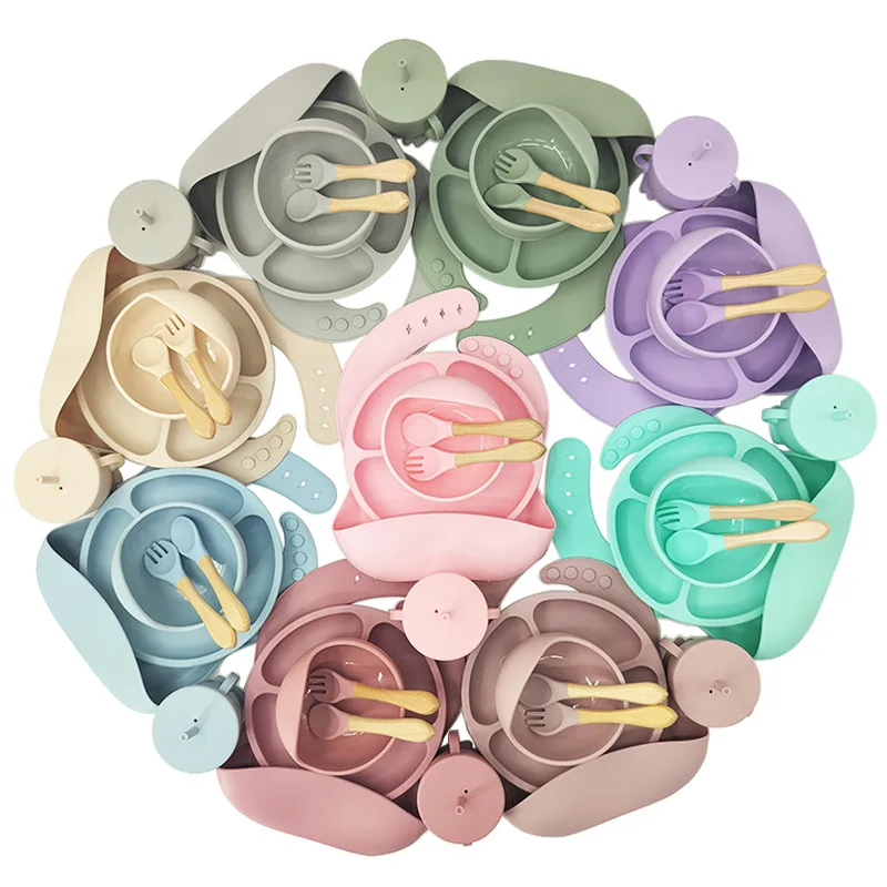 Baby silicone tablewares feeding 6-piece set of bpa free food eating bib suction cup bowl fork spoon silicone tableware