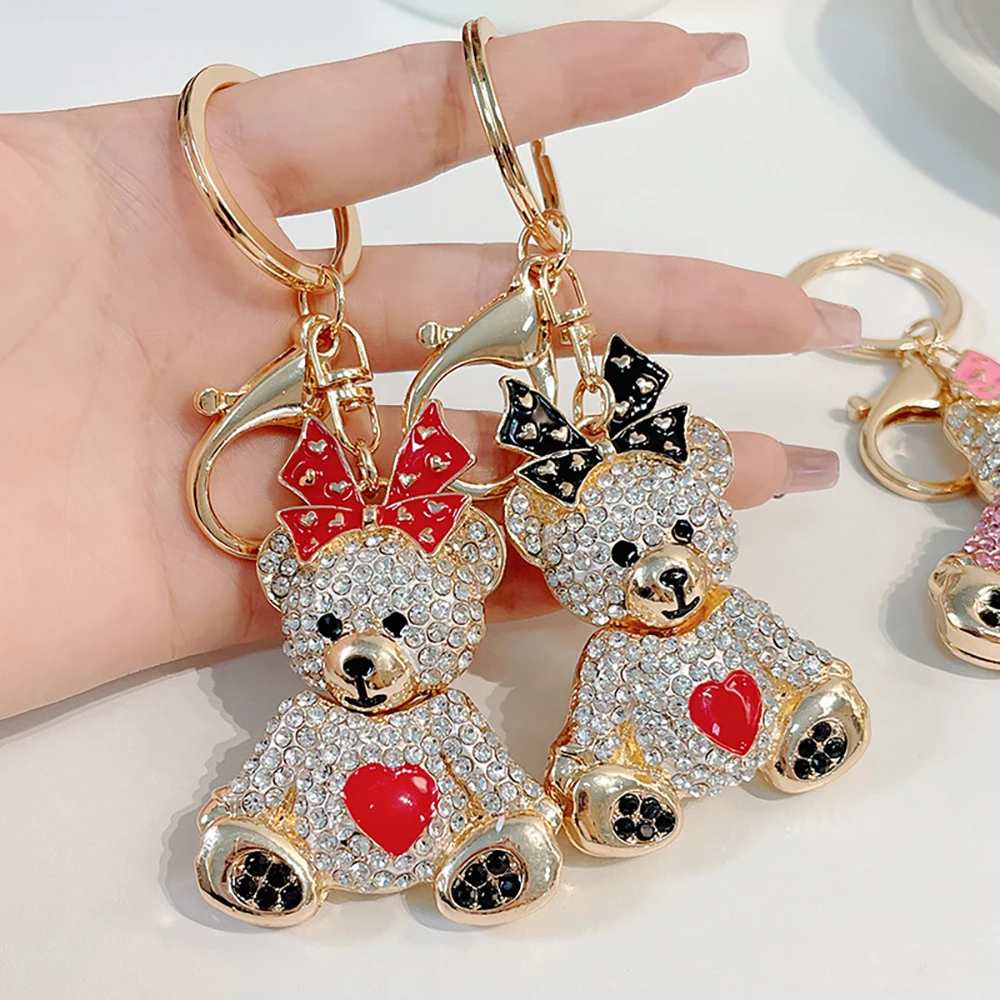 Custom Creative Bear Pendant Light Keychain Rhinestone Crystal Handbag Decorative Metal Keychains with Bow