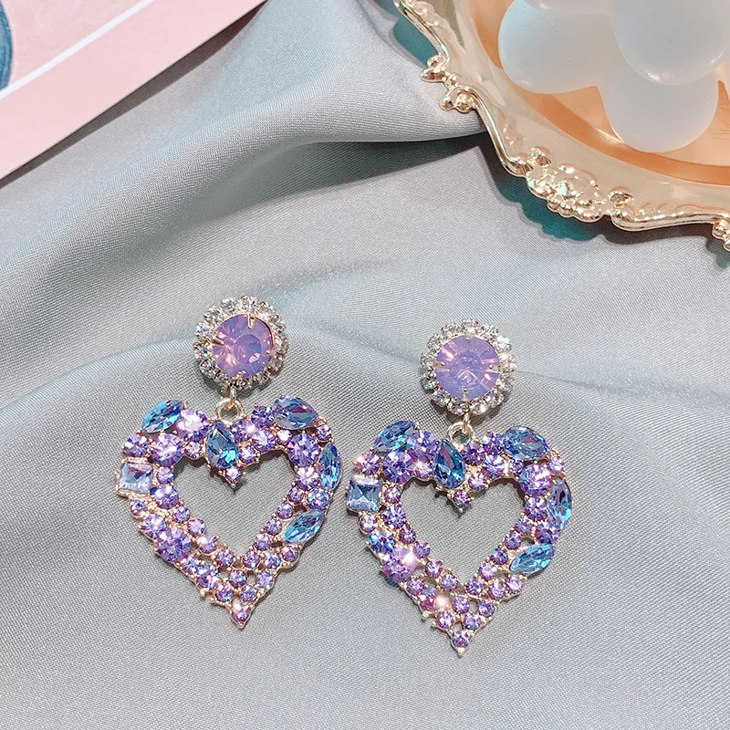 Korea Sweet Temperament Crystal Love Earrings Purple Heart Earrings Silver Needle Girlfriend jewelry for Women