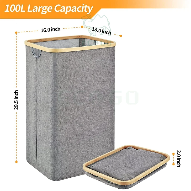 X-Large Foldable Laundry Basket With Bamboo Handles, Collapsible Laundry Hamper For Storage,Clothes
