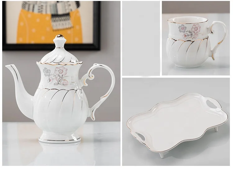 8 Pc Luxury British Coffee Cup Set with Golden Trim,  Beautiful Porcelain Tea Pot With 6 Cups & Tea Tray, For Living Room Decor