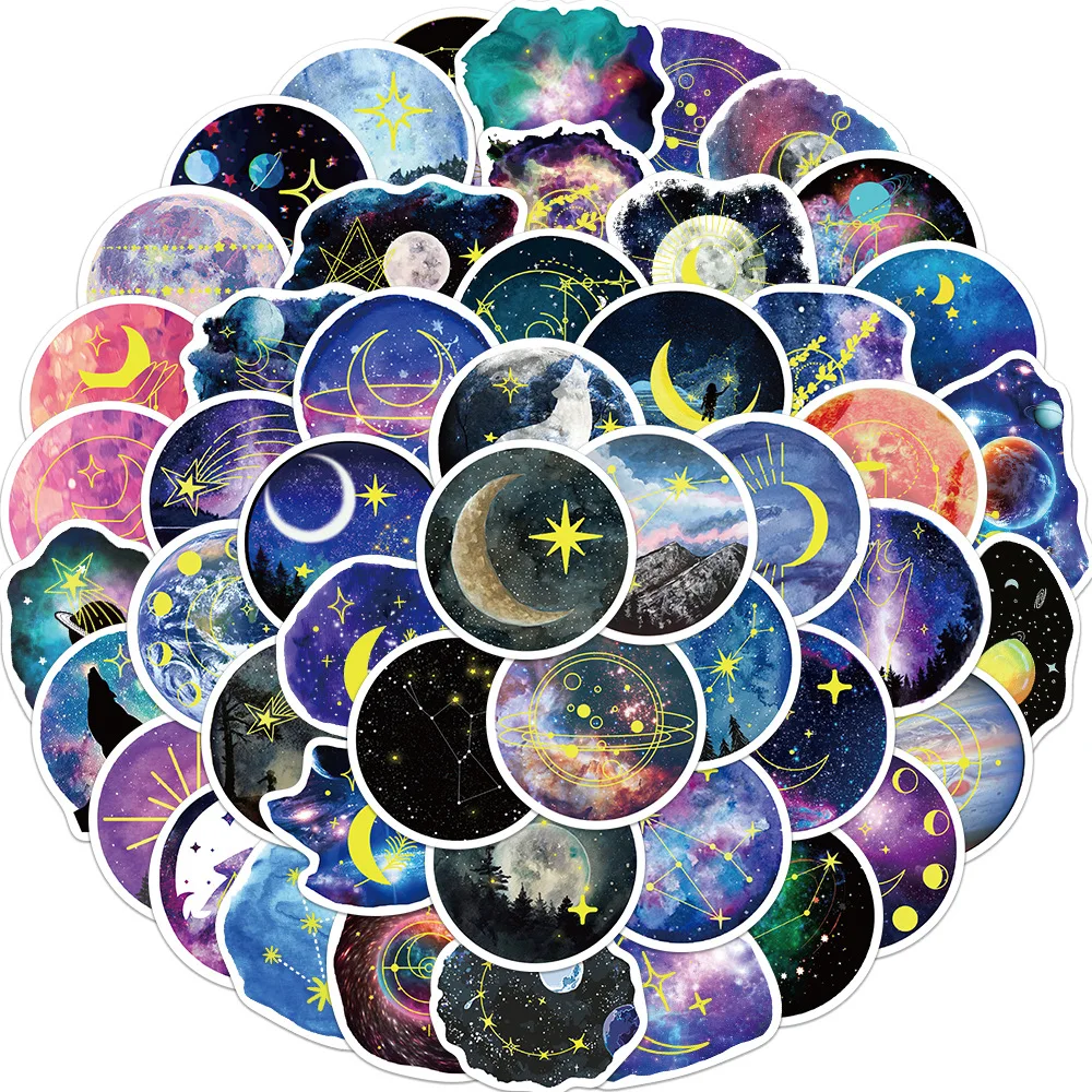 50Pcs Circle Moonlight Starry Sky Graffiti Stickers for Scrapbook Car Vinyl Night