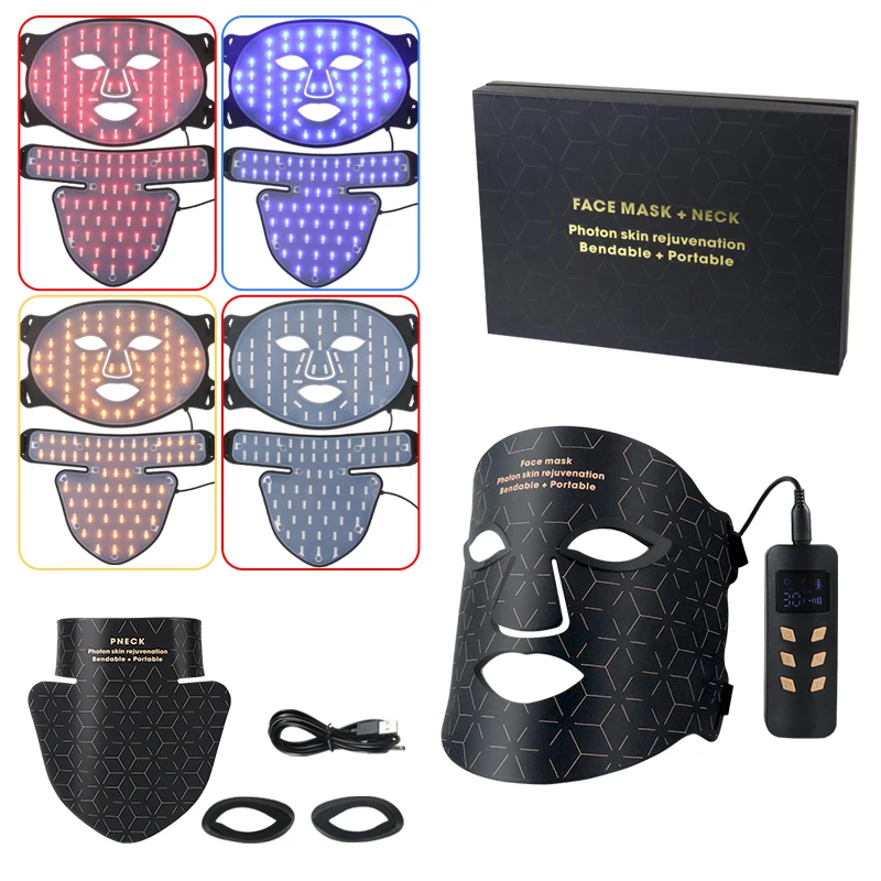 Private Label Flexible SIlicone 660NM 850NM 460NM Blue LED Infra Red Light Therapy facemask and neck kit