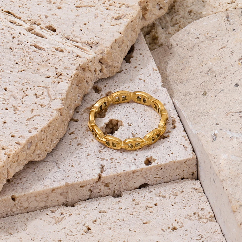 High End 18K Plain Gold Chain Hollow Rings Stainless Steel Trendy Simple Gold Plated Jewelry