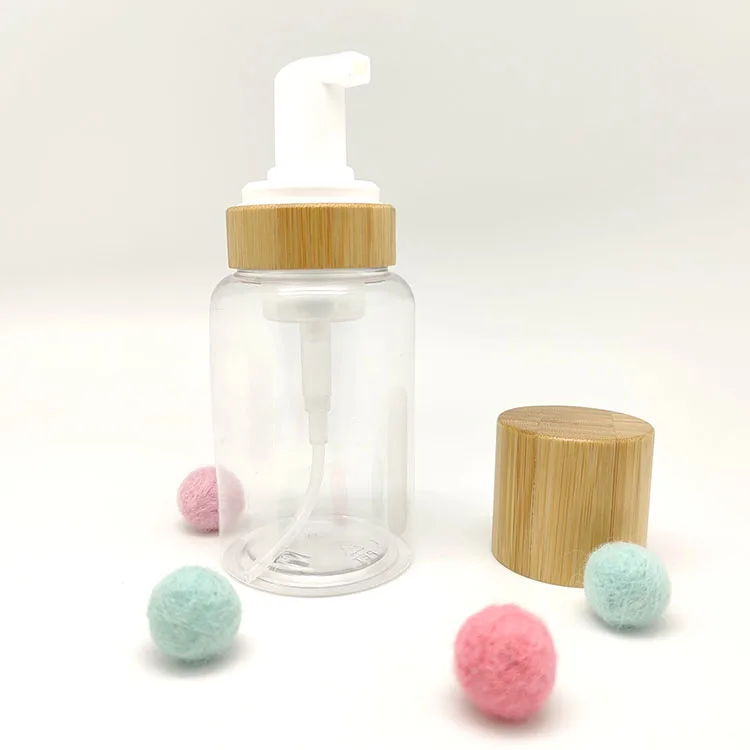 hot sale 150ml empty clear color bamboo collar plastic foaming soap foam pump bottle with bamboo lid