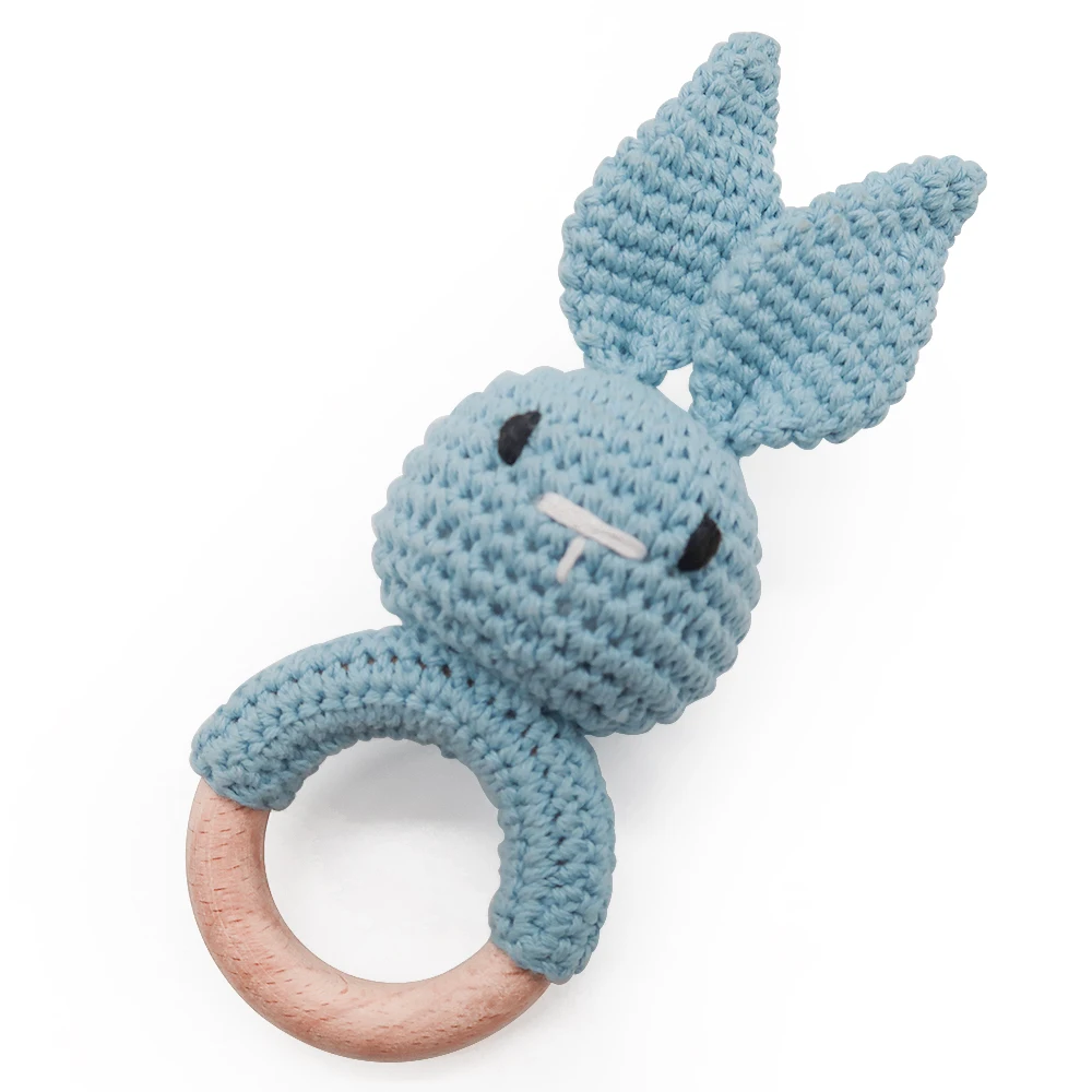 New Design Animals Cute Super Soft Knitted Rabbit Panda Reindeer baby wooden rattle teether baby crochet toys