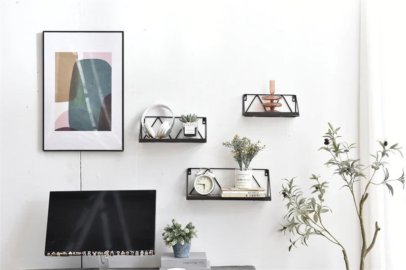 Vintage beauty products display wooden wall mounted shelf with metal frame, rustic decoration wall shelf for living room