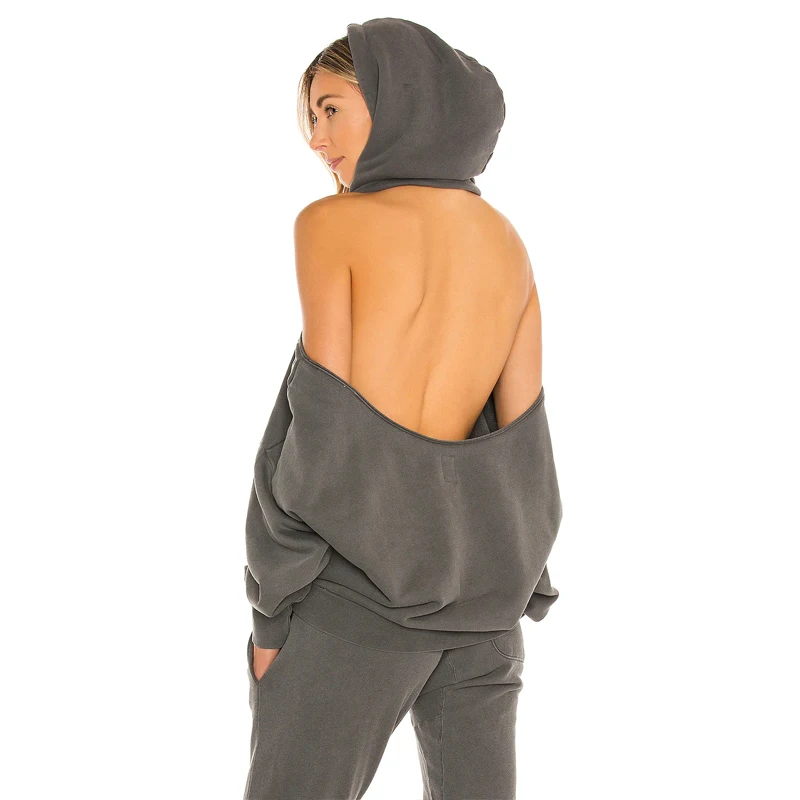 Custom women casual  fashion street high quality wear sexy cut out off shoulder Ribbed long sleeves cuffs hoodie