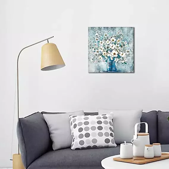 Decor White Flower In Blue Bottle Theme Picture Wall Art Painting Designs