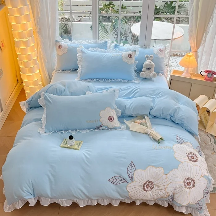 Wholesale New Floral Washed Cotton Bedding Set Queen King Washed Cotton Embroidery Textile Duvet Cover Bedsheet Pillowcases 4Pcs