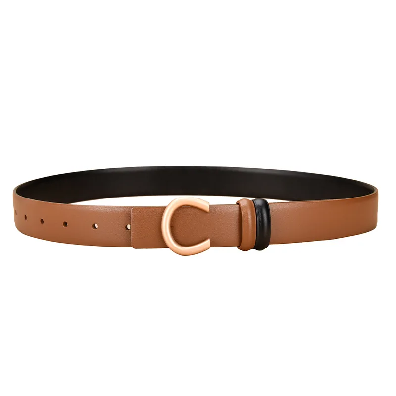 Wholesale Smooth Buckle Genuine Leather Belt Double-sided Available Inside Wear Buckle Simple Thin Belt Real Cowhide Leather