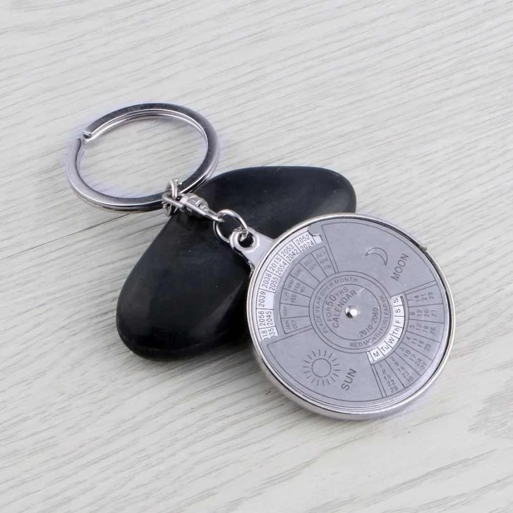 Silver 50 Years Super Perpetual Calendar Key Chains, Car Bag Pendant Keyring Holder, Rings Astrology Keychains