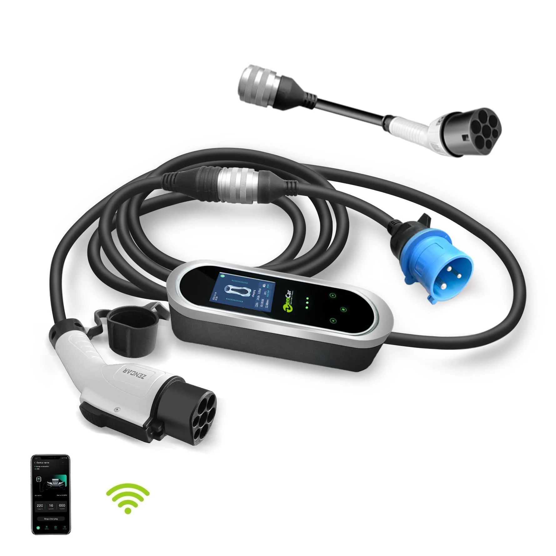 32A 7KW GB/T Electric Car Charger Ev With Adapters Blue CEE and Type 2 Male Plug App Wifi