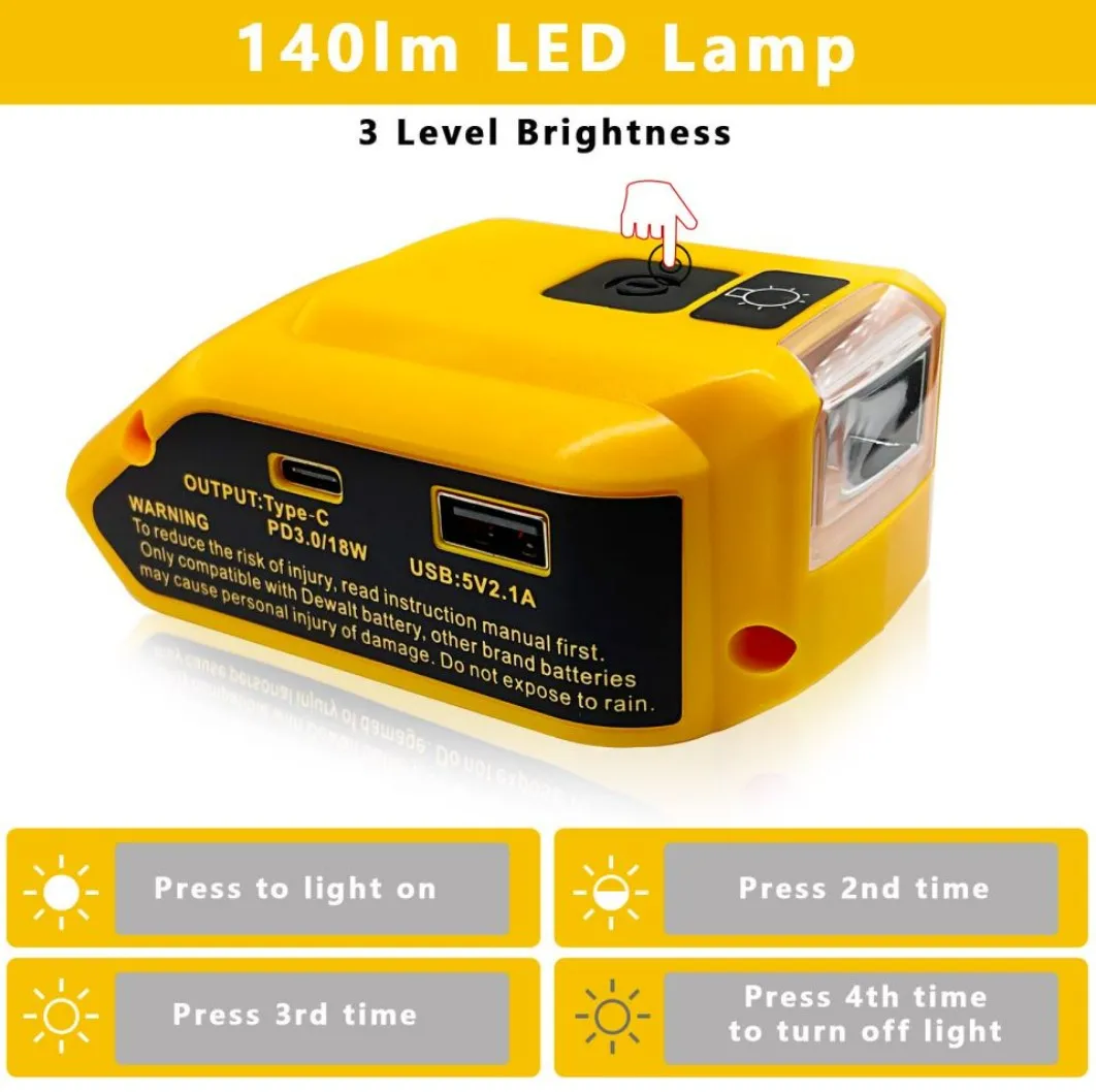 Power tool Battery Charger with led light suitable for DeWalt 12v/ 20V Lithium Battery adapter with  USB TYPE-C Fast charging
