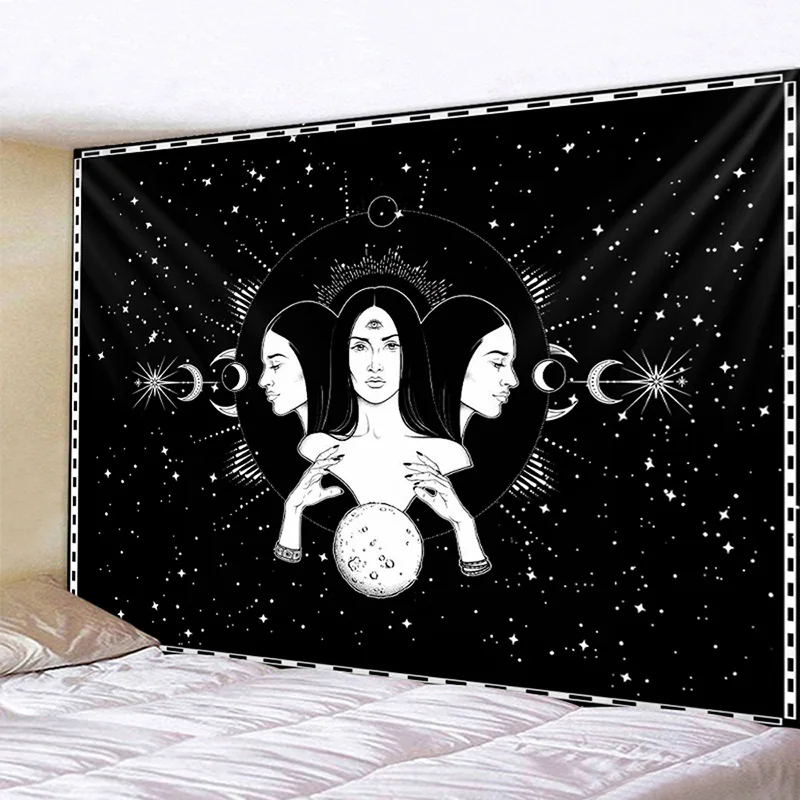 60X80n Inches Black And White Pray With Moon Star Gothic Witch Blessed And Snake Stone Tapestry Wall Hanging