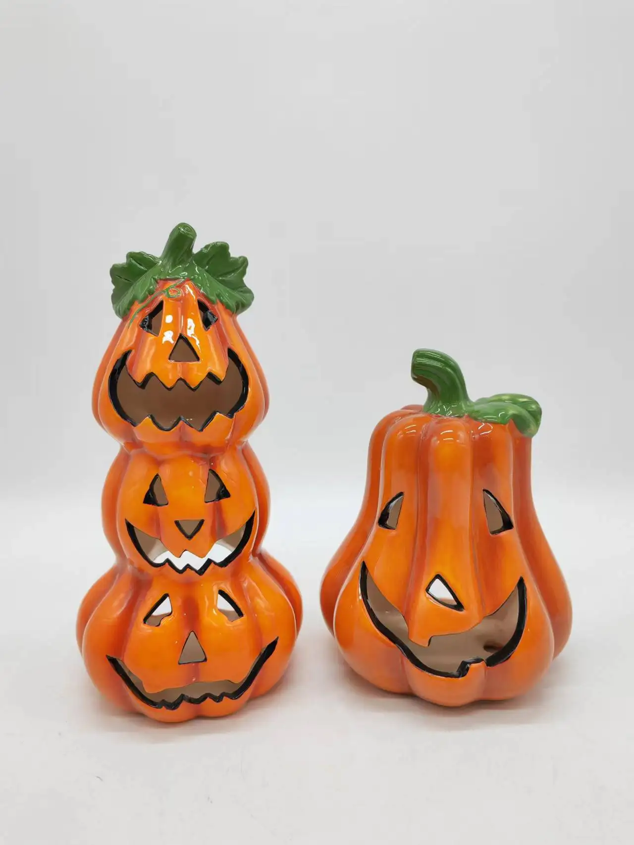 Handmade personalized ceramic pumpkins wholesale light up christmas ornaments halloween pumpkin light with pinstripe LED light