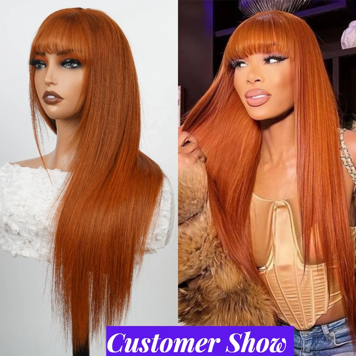 Wholesale Raw Vietnamese Hair 13x4 Frontal Wig Human Hair,22' 180% Ginger Color With Bangs Straight Wigs For Black Women