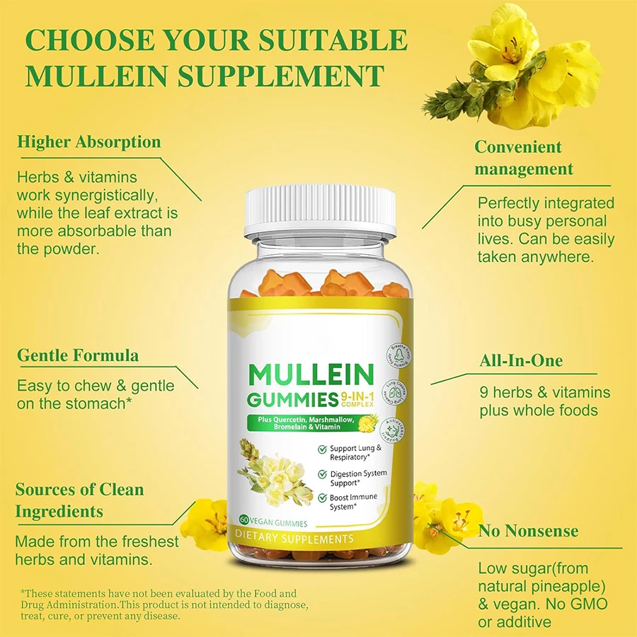OEM Ready Stock Powerful 9-In-1 Mullein Gummies With Quercetin & Bromelain & Marshmallow For Immune & Respiratory Health Support