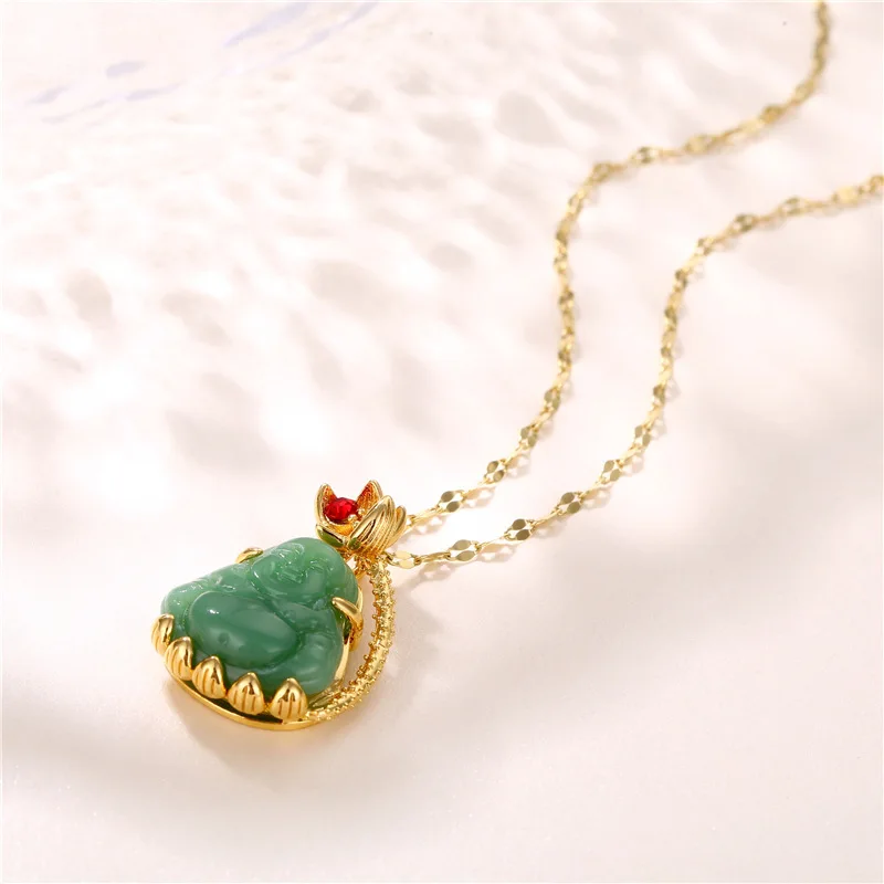 Religious Green Jade Buddha Pendant Necklace 18k Gold Plated Stainless Steel Lip Chain Laughing Buddha Jade Necklace