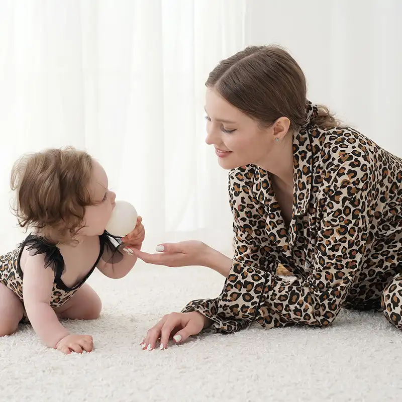 Leopard Baby Clothes Wholesale & Mom Sleepwear Custom Knitted Pajama Sets Family Cotton Pajamas Sets