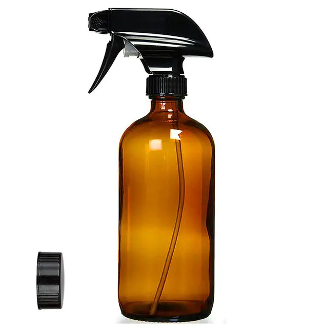 Glass Spray Bottles,Amber Empty Refillable Container with Black Trigger Sprayer w/Mist and Stream Settings for liquid