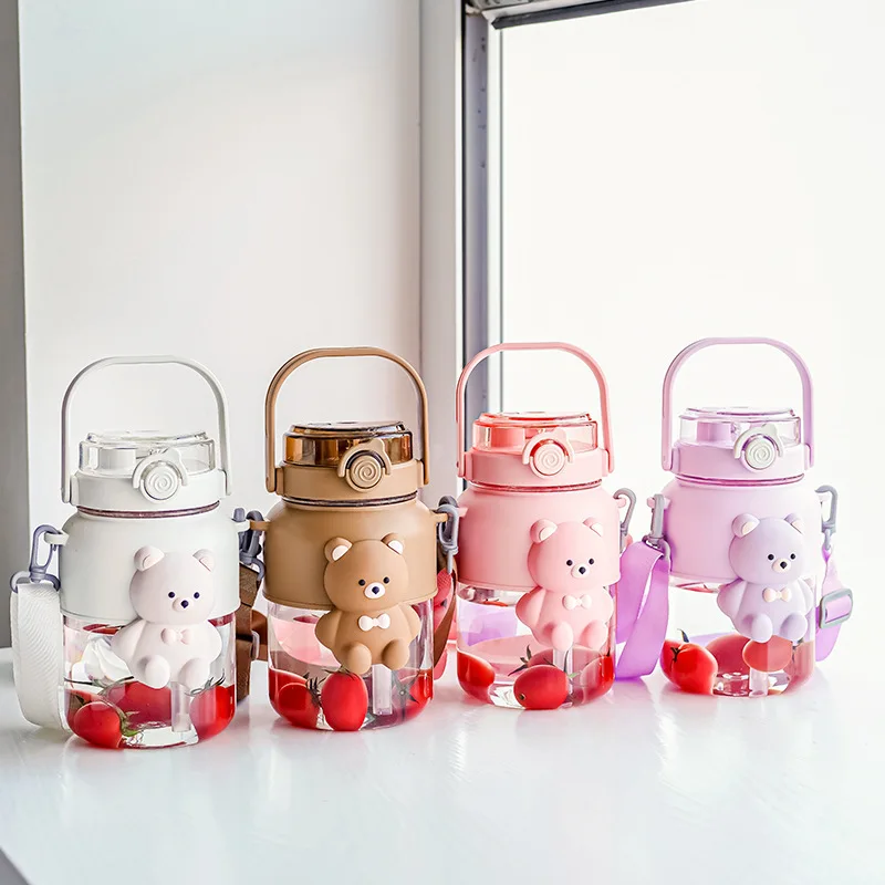 Kawaii bear 32oz big capacity drinking gourde enfant cup leakproof bpa free children school plastic water bottles with straw