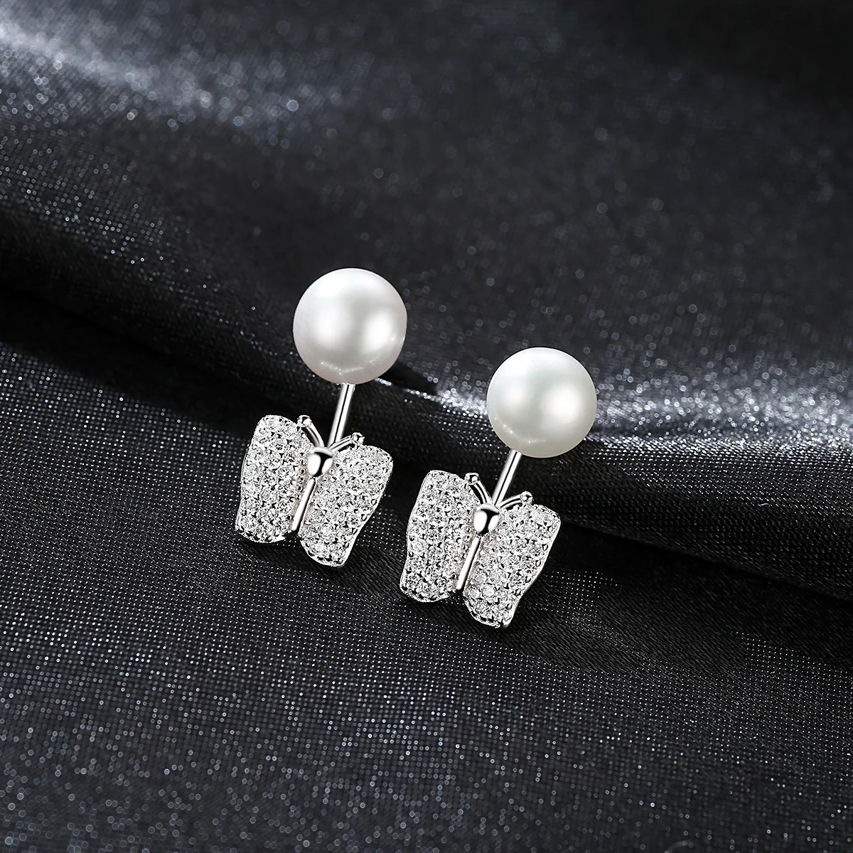 CZCITY Woman Micro Paved Diamond 18K White Gold Plated Earing 925 Pearl Bow Dainty Zircon Butterfly Earring