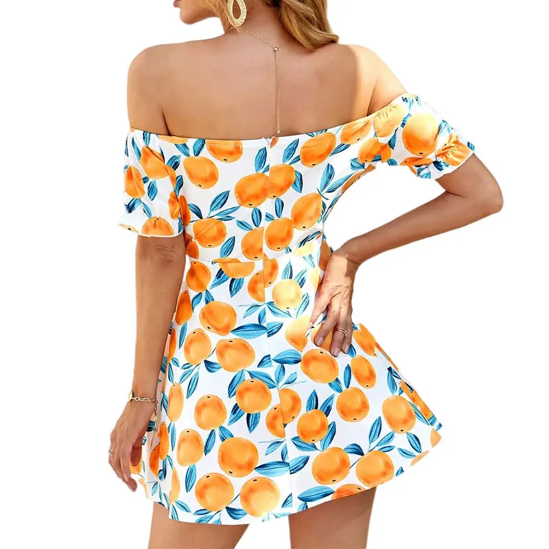 2022 New Design spring and summer fruit printing Beach Mini Dress French one-shoulder picnic casual dress