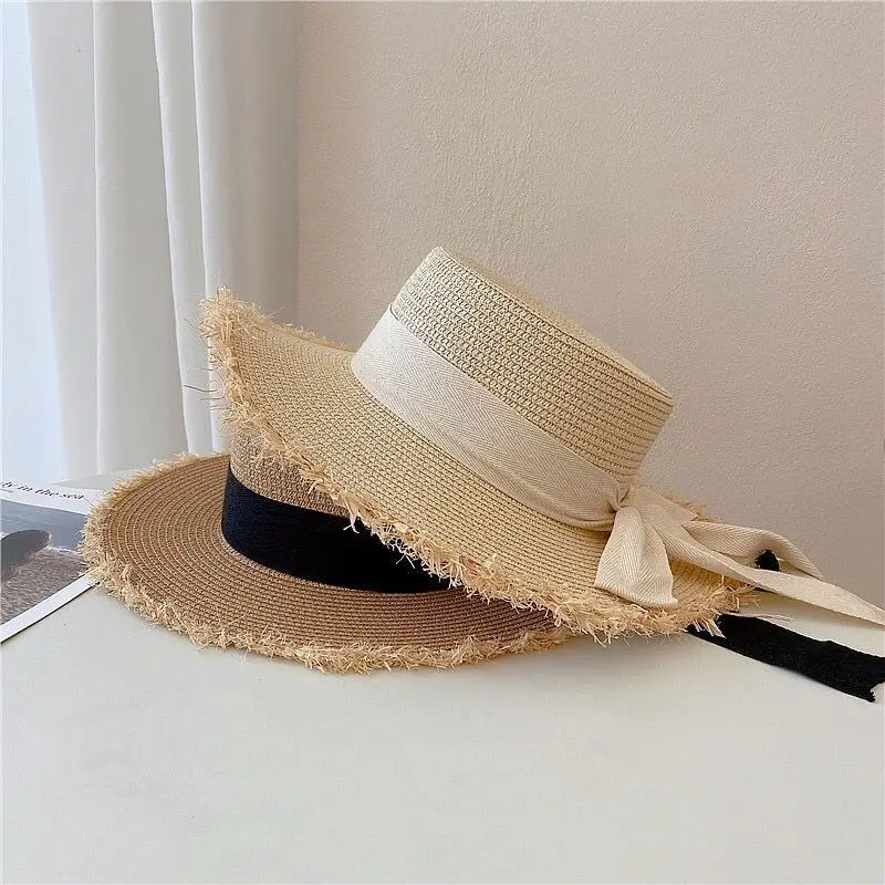 Womens Paper Straw Sun Hat Raffia Wide Brim Floppy Summer Beach Hats Frayed Hat