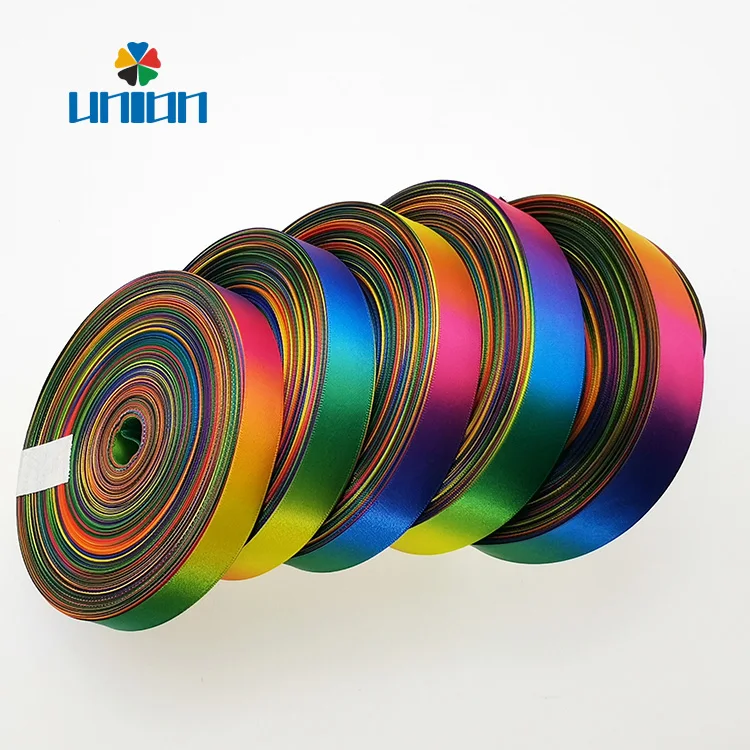 Wholesale single or double sided printed colorful rainbow satin ribbon Rainbow ribbon