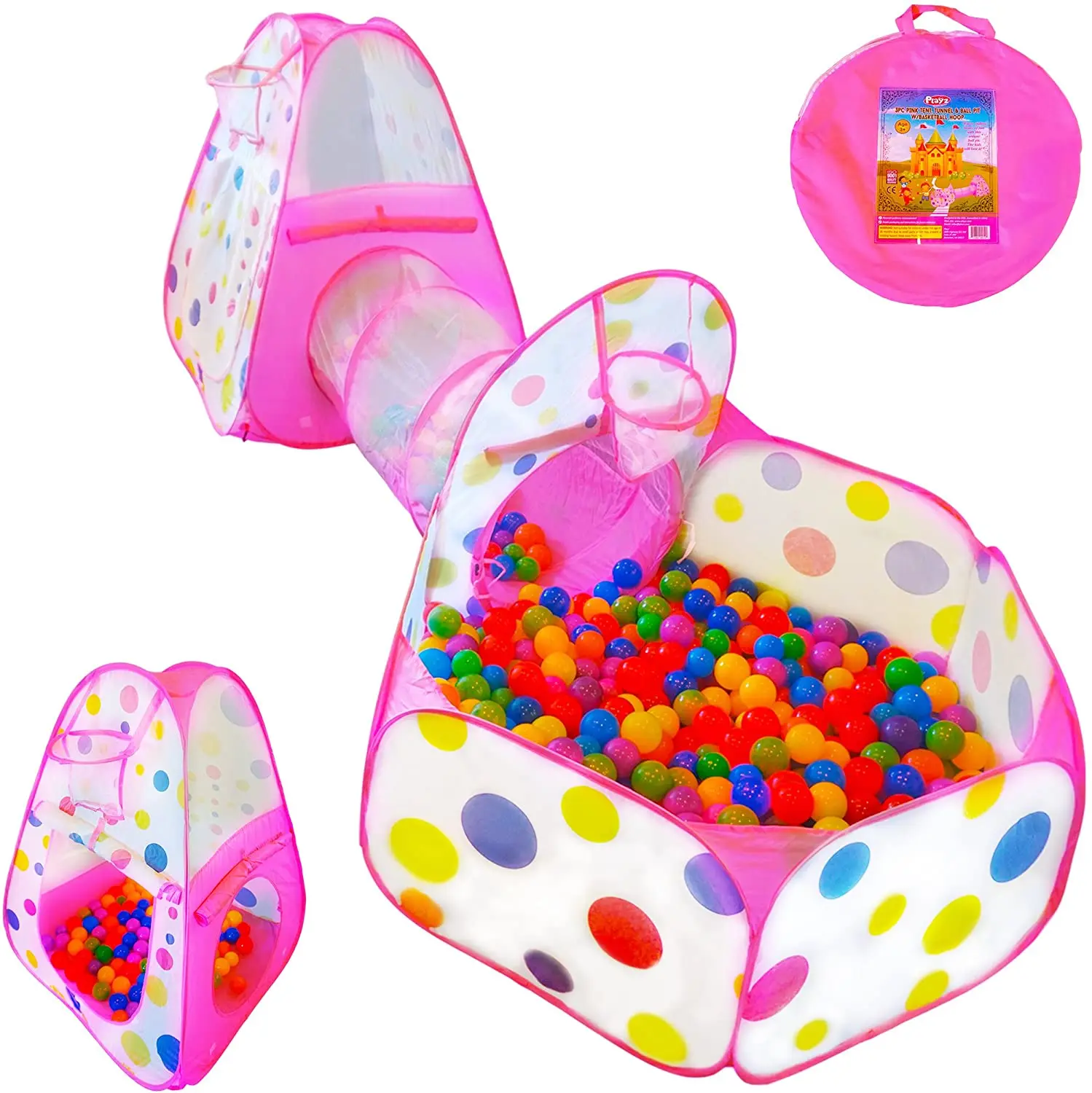 
3pc Kids Play Tent Crawl Tunnel and Ball Pit Pop Up Playhouse Tent with Basketball Hoop 